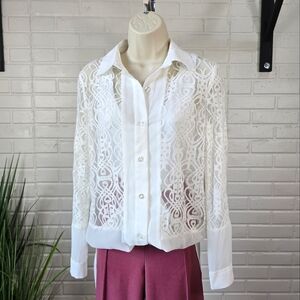 NWT Liberty Sage White Lace Button-Up Tunic Blouse Size Small